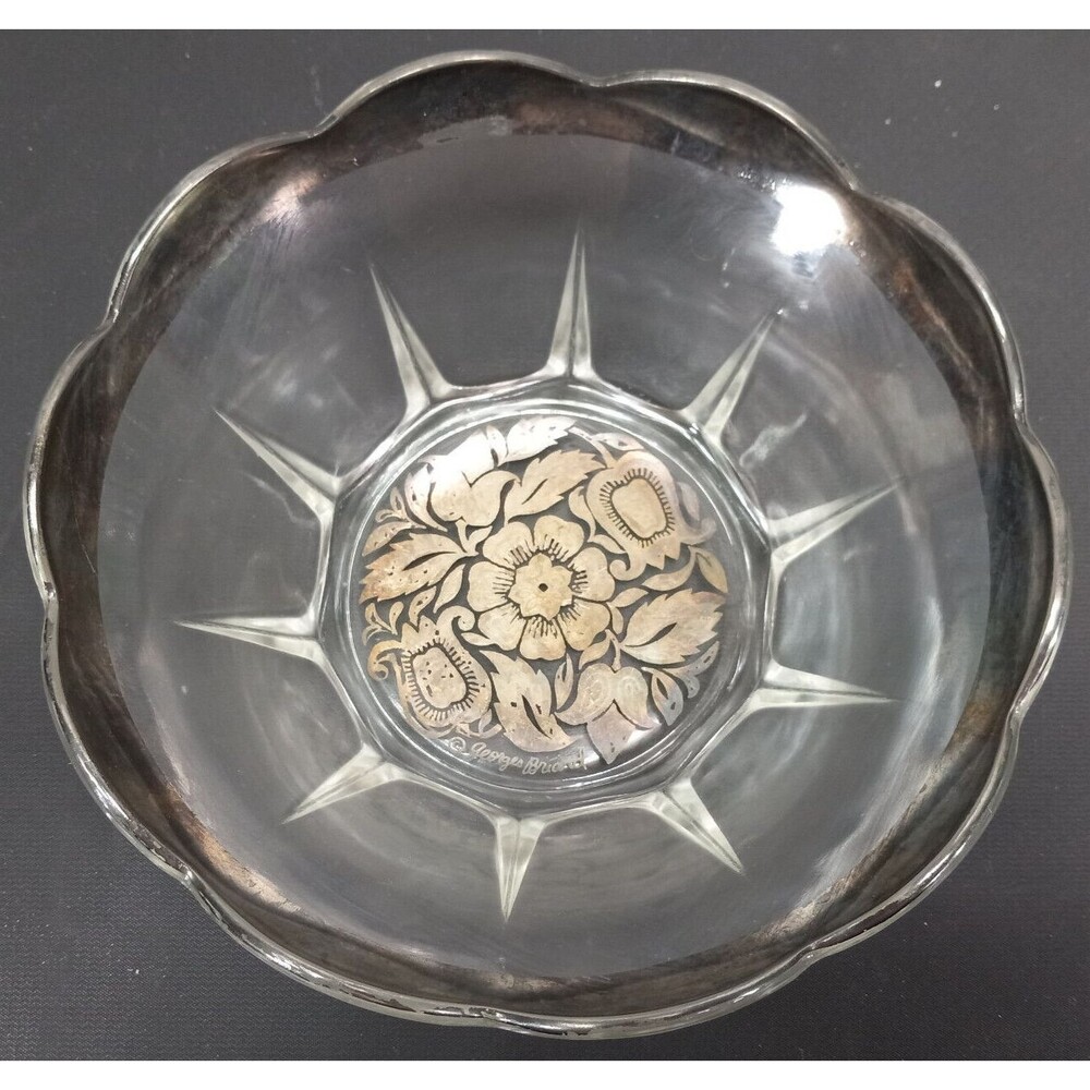 Vintage Silver Rimmed Decorative Bowl George Briard Damask Pattern-MCM 8"